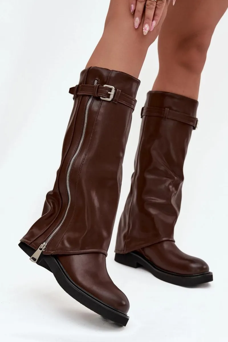 Outlet Kozaki Damskie Z Wywiniętą Cholewką Klamrą I Srebrnym Zamkiem Ocieplane Brązowe Bressa Damskie Kozaki Ocieplane|Kozaki Płaskie