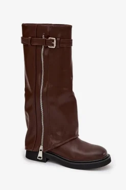 Outlet Kozaki Damskie Z Wywiniętą Cholewką Klamrą I Srebrnym Zamkiem Ocieplane Brązowe Bressa Damskie Kozaki Ocieplane|Kozaki Płaskie