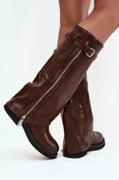 Outlet Kozaki Damskie Z Wywiniętą Cholewką Klamrą I Srebrnym Zamkiem Ocieplane Brązowe Bressa Damskie Kozaki Ocieplane|Kozaki Płaskie
