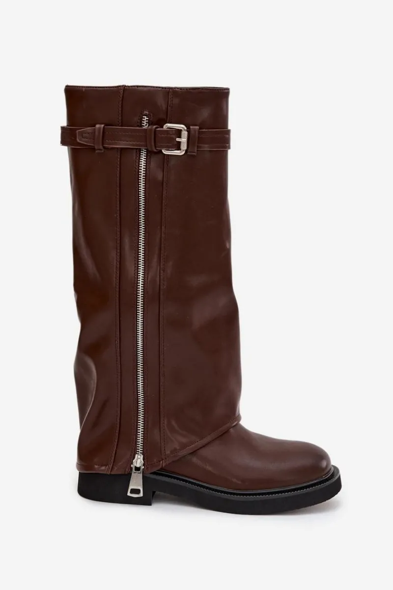 Outlet Kozaki Damskie Z Wywiniętą Cholewką Klamrą I Srebrnym Zamkiem Ocieplane Brązowe Bressa Damskie Kozaki Ocieplane|Kozaki Płaskie