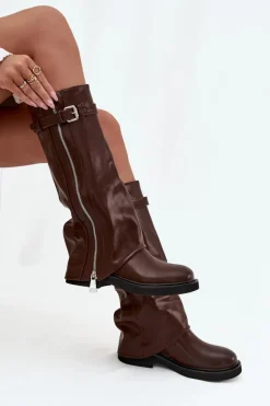 Outlet Kozaki Damskie Z Wywiniętą Cholewką Klamrą I Srebrnym Zamkiem Ocieplane Brązowe Bressa Damskie Kozaki Ocieplane|Kozaki Płaskie