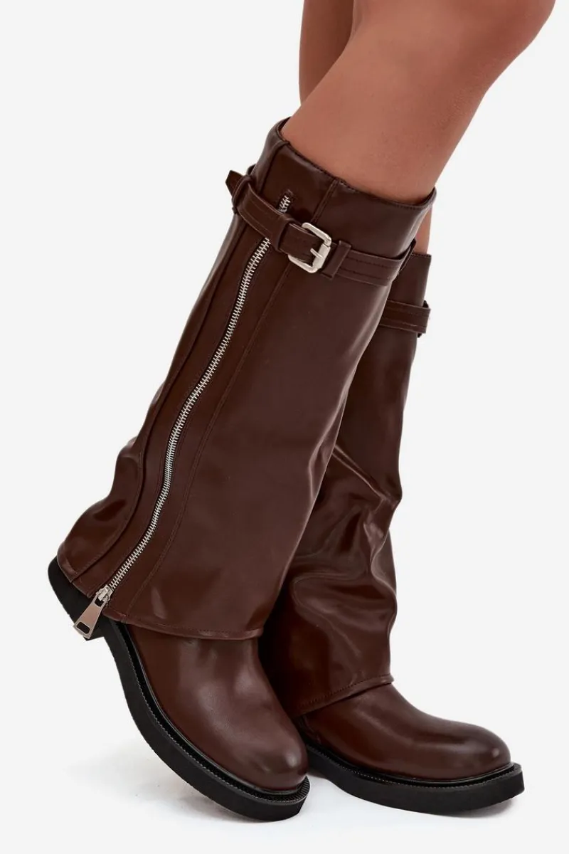 Outlet Kozaki Damskie Z Wywiniętą Cholewką Klamrą I Srebrnym Zamkiem Ocieplane Brązowe Bressa Damskie Kozaki Ocieplane|Kozaki Płaskie