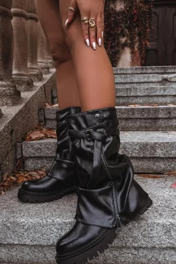 Kozaki Z Wywiniętą Cholewką|Kozaki Płaskie>Boto Kozaki Damskie Z Wywiniętą Cholewką Do Połowy Łydki Z Paskiem Czarne Darisa Czarny