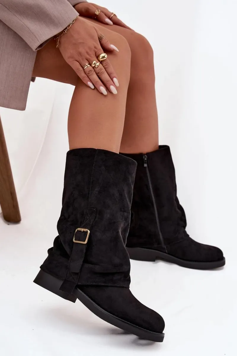 Hot Boto Kozaki Damskie Z Wywiniętą Cholewką Do Połowy Łydki Z Klamrą Czarne Minelle Czarny