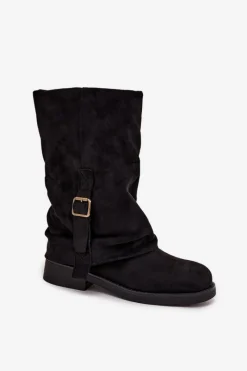 Hot Boto Kozaki Damskie Z Wywiniętą Cholewką Do Połowy Łydki Z Klamrą Czarne Minelle Czarny