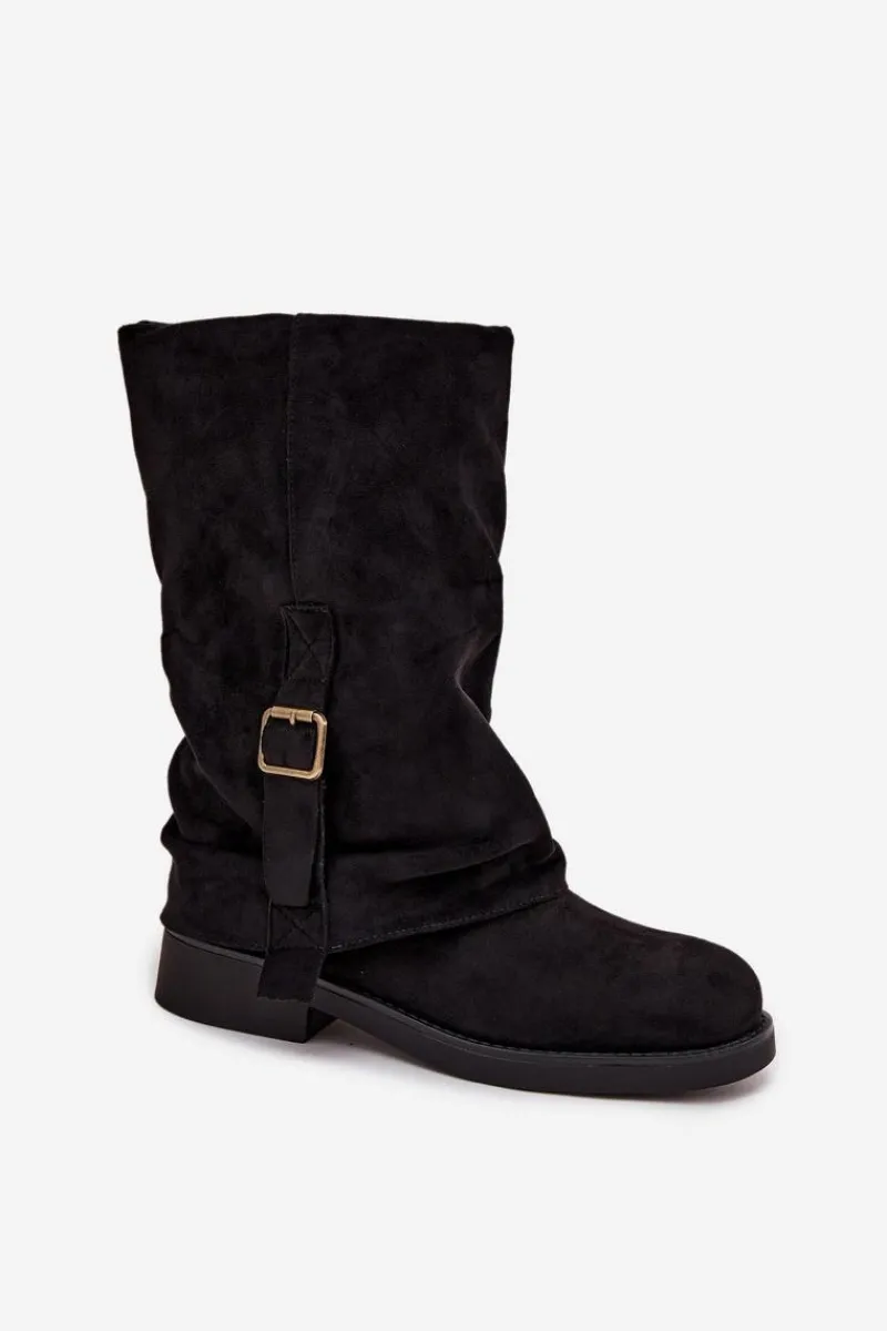 Hot Boto Kozaki Damskie Z Wywiniętą Cholewką Do Połowy Łydki Z Klamrą Czarne Minelle Czarny