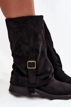 Hot Boto Kozaki Damskie Z Wywiniętą Cholewką Do Połowy Łydki Z Klamrą Czarne Minelle Czarny