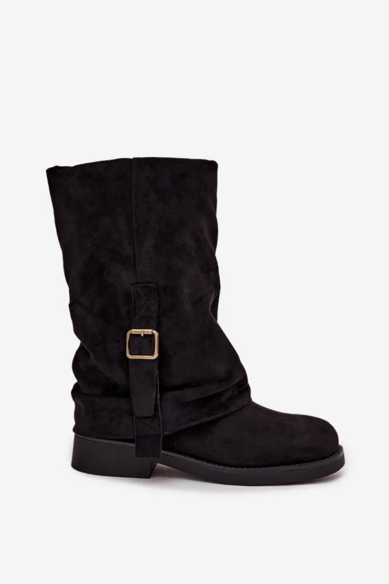 Hot Boto Kozaki Damskie Z Wywiniętą Cholewką Do Połowy Łydki Z Klamrą Czarne Minelle Czarny