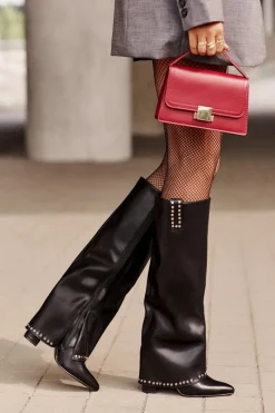 Kozaki Damskie Z Wywiniętą Cholewką Na Słupku Czarne Kaielia Damskie Kozaki Przed Kolano|Kozaki Na Obcasie