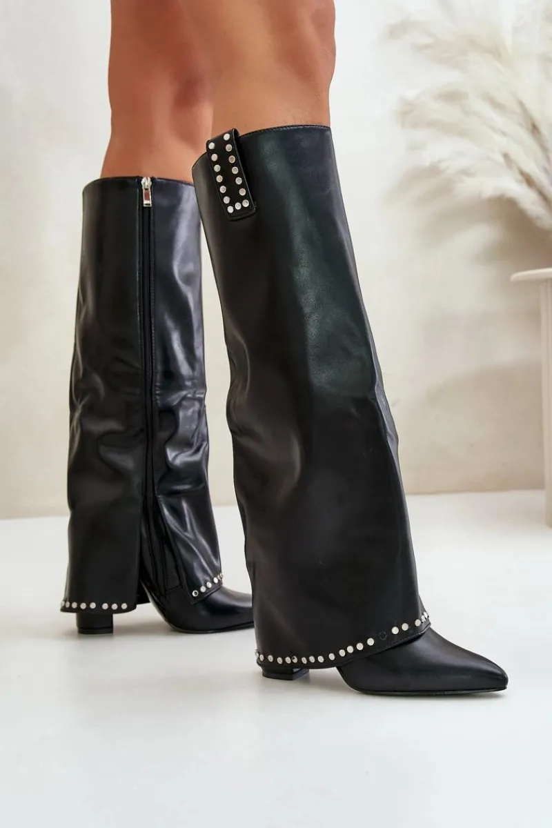 Kozaki Damskie Z Wywiniętą Cholewką Na Słupku Czarne Kaielia Damskie Kozaki Przed Kolano|Kozaki Na Obcasie