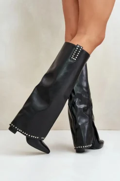Kozaki Damskie Z Wywiniętą Cholewką Na Słupku Czarne Kaielia Damskie Kozaki Przed Kolano|Kozaki Na Obcasie