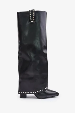 Kozaki Damskie Z Wywiniętą Cholewką Na Słupku Czarne Kaielia Damskie Kozaki Przed Kolano|Kozaki Na Obcasie