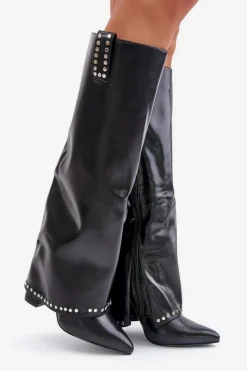 Kozaki Damskie Z Wywiniętą Cholewką Na Słupku Czarne Kaielia Damskie Kozaki Przed Kolano|Kozaki Na Obcasie