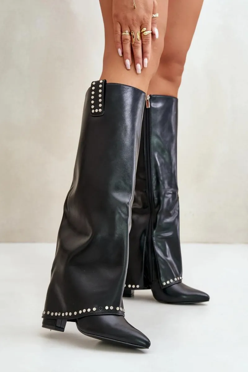 Kozaki Damskie Z Wywiniętą Cholewką Na Słupku Czarne Kaielia Damskie Kozaki Przed Kolano|Kozaki Na Obcasie