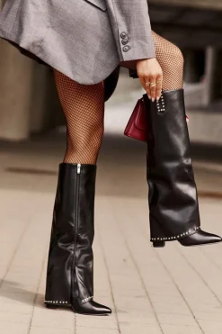 Kozaki Damskie Z Wywiniętą Cholewką Na Słupku Czarne Kaielia Damskie Kozaki Przed Kolano|Kozaki Na Obcasie