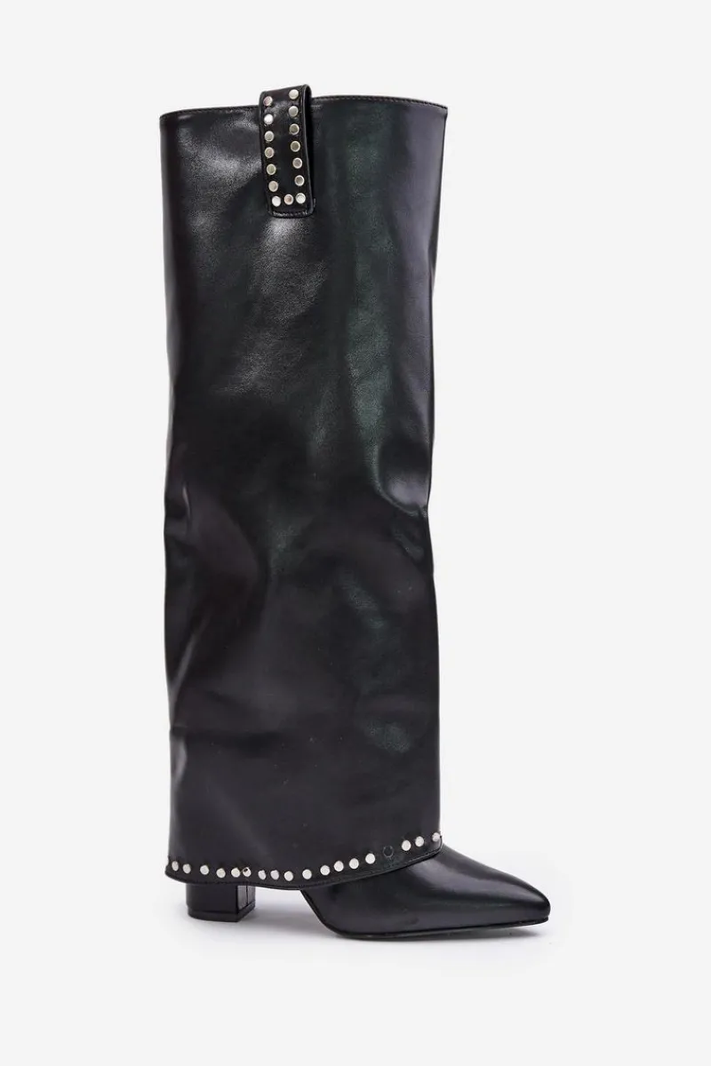 Kozaki Damskie Z Wywiniętą Cholewką Na Słupku Czarne Kaielia Damskie Kozaki Przed Kolano|Kozaki Na Obcasie