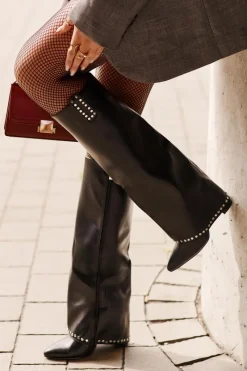 Kozaki Damskie Z Wywiniętą Cholewką Na Słupku Czarne Kaielia Damskie Kozaki Przed Kolano|Kozaki Na Obcasie