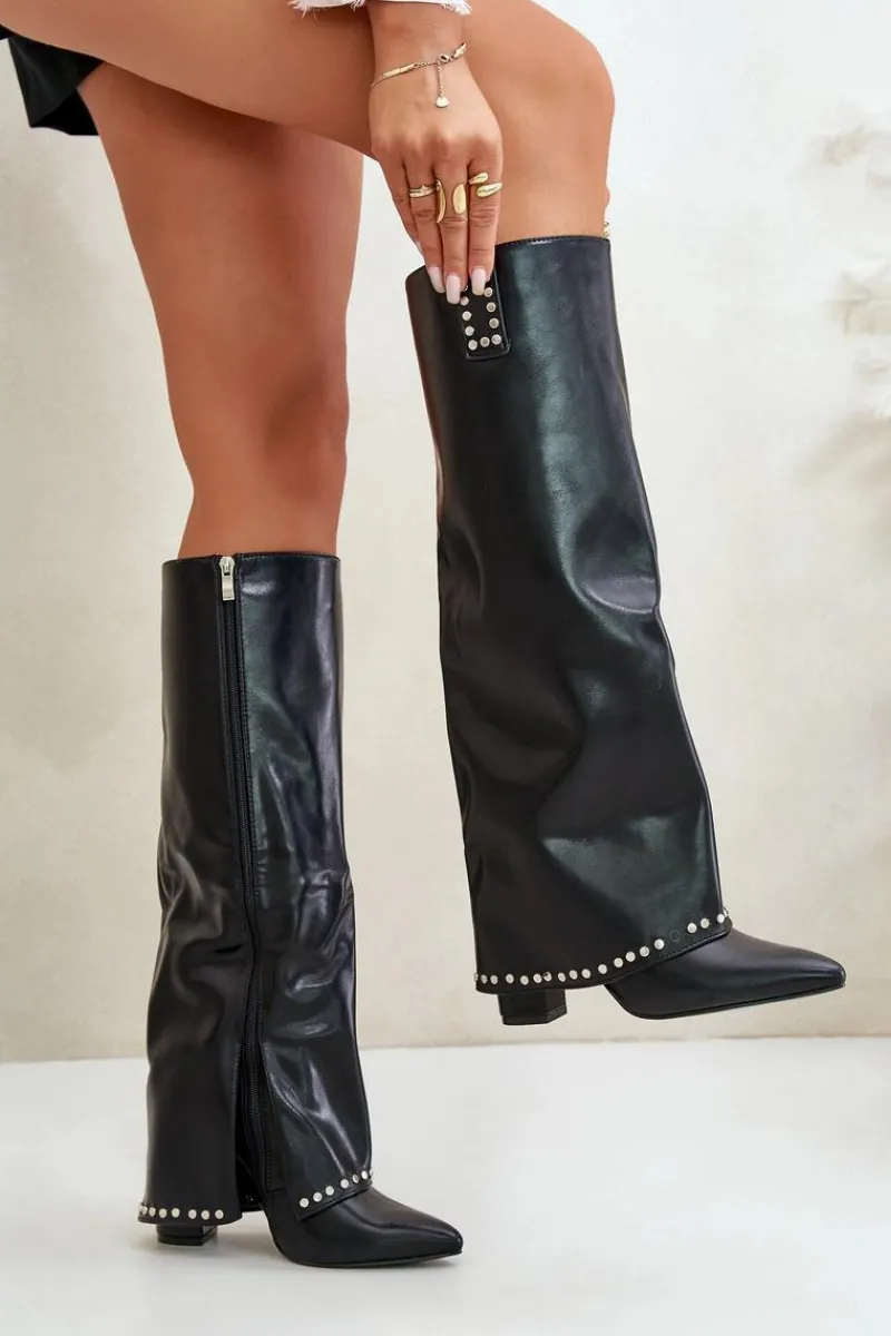 Kozaki Damskie Z Wywiniętą Cholewką Na Słupku Czarne Kaielia Damskie Kozaki Przed Kolano|Kozaki Na Obcasie