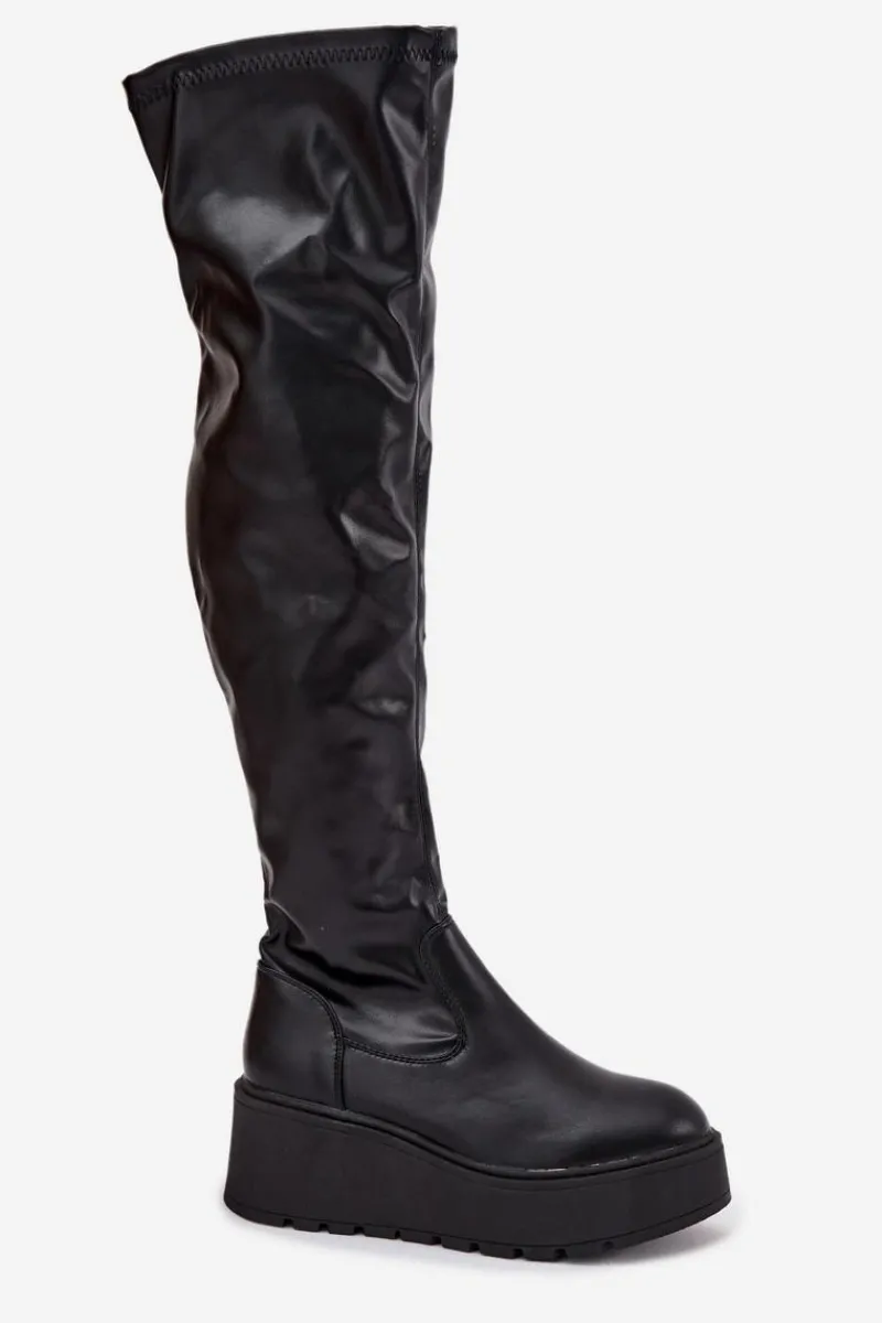 Kozaki Ocieplane|Muszkieterki>Boto Kozaki Damskie Za Kolano Na Platformie I Delikatnym Koturnie Czarne Lydira