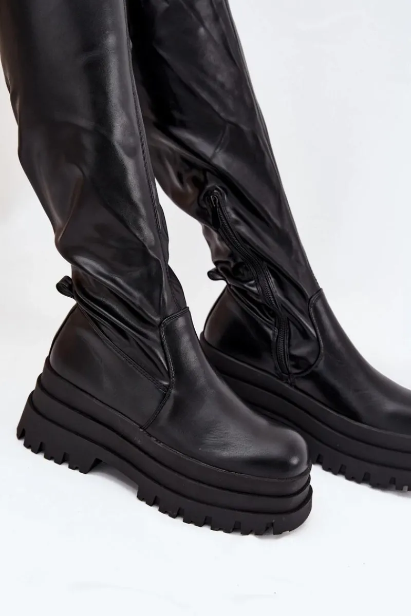 Outlet Boto Kozaki Damskie Za Kolano Na Masywnej Platformie Czarne Erisna