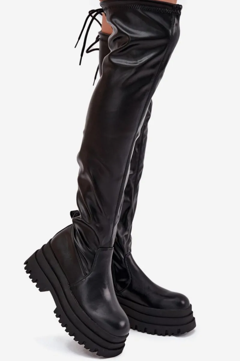 Outlet Boto Kozaki Damskie Za Kolano Na Masywnej Platformie Czarne Erisna