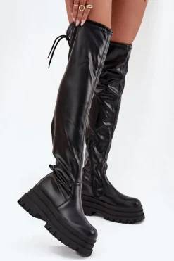 Outlet Boto Kozaki Damskie Za Kolano Na Masywnej Platformie Czarne Erisna