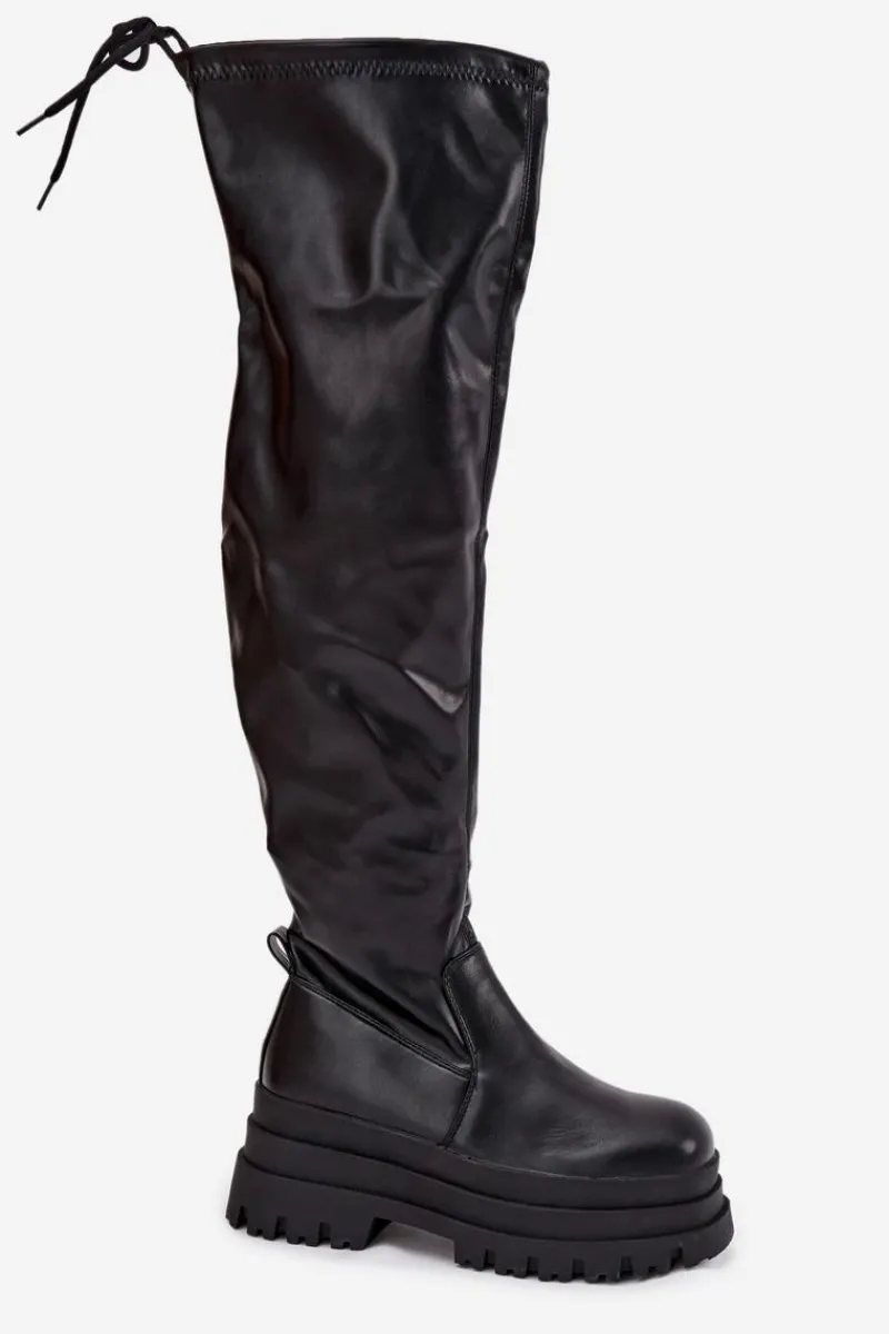 Outlet Boto Kozaki Damskie Za Kolano Na Masywnej Platformie Czarne Erisna