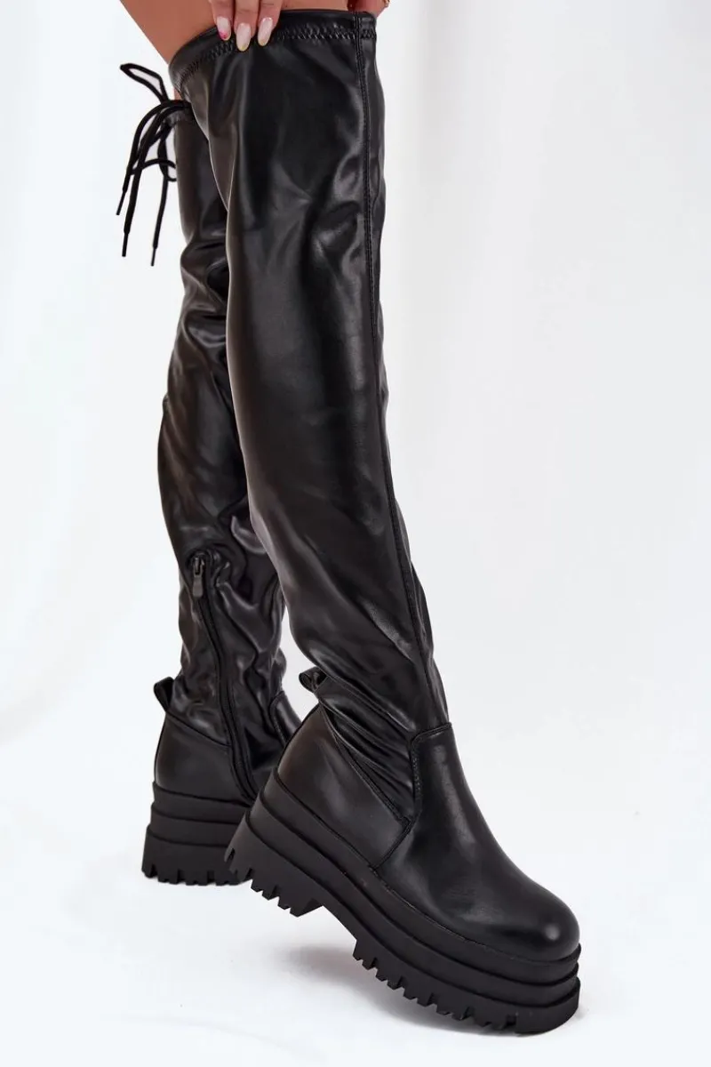 Outlet Boto Kozaki Damskie Za Kolano Na Masywnej Platformie Czarne Erisna