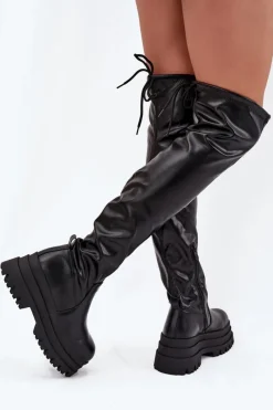 Outlet Boto Kozaki Damskie Za Kolano Na Masywnej Platformie Czarne Erisna