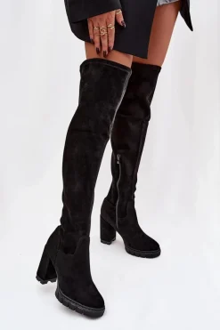 Muszkieterki|Kozaki Na Słupku>Boto Kozaki Damskie Za Kolano Na Słupku Eko Zamszowe Czarne Tahlina Czarny
