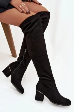 Online Kozaki Damskie Za Kolano Na Słupku Z Eko Zamszu Czarne Zaretta Damskie Muszkieterki|Kozaki Za Kolano