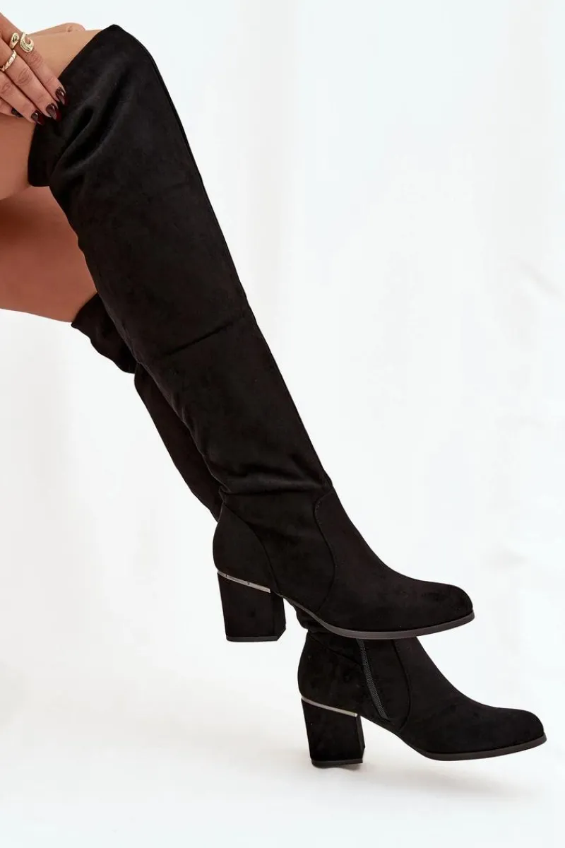 Online Kozaki Damskie Za Kolano Na Słupku Z Eko Zamszu Czarne Zaretta Damskie Muszkieterki|Kozaki Za Kolano