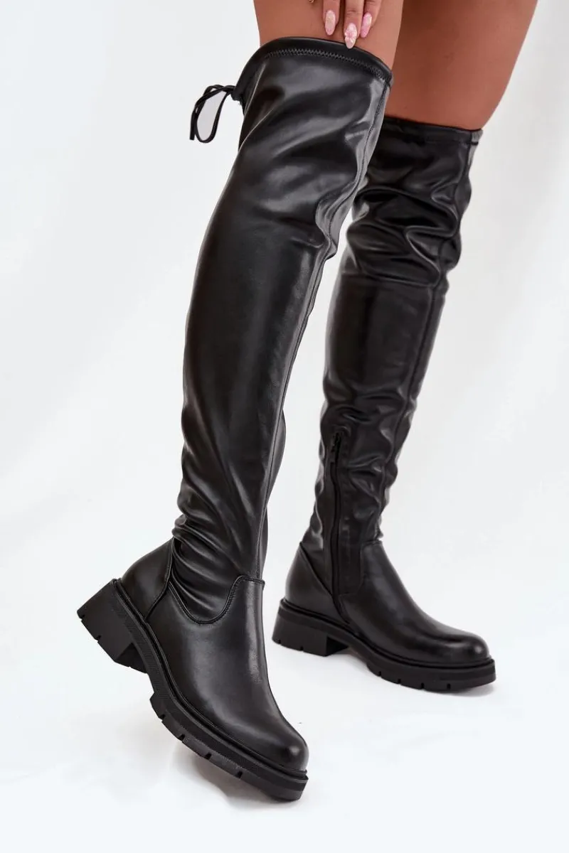 Kozaki Ocieplane|Muszkieterki>Boto Kozaki Damskie Za Kolano Z Wiązaniem Czarne Rylissa