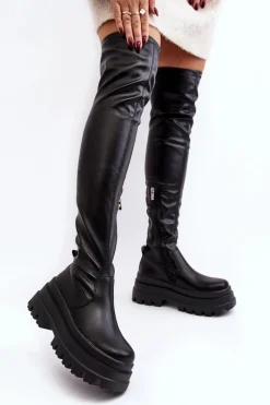 Sale Kozaki Damskie Za Kolano Na Masywnej Podeszwie Czarne Chinasa Damskie Muszkieterki|Kozaki Za Kolano