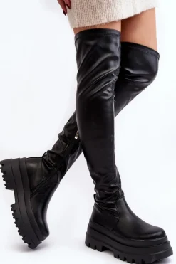 Sale Kozaki Damskie Za Kolano Na Masywnej Podeszwie Czarne Chinasa Damskie Muszkieterki|Kozaki Za Kolano