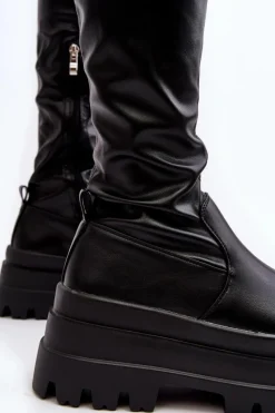 Sale Kozaki Damskie Za Kolano Na Masywnej Podeszwie Czarne Chinasa Damskie Muszkieterki|Kozaki Za Kolano