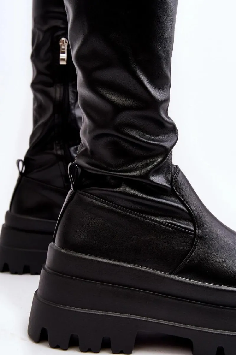 Sale Kozaki Damskie Za Kolano Na Masywnej Podeszwie Czarne Chinasa Damskie Muszkieterki|Kozaki Za Kolano