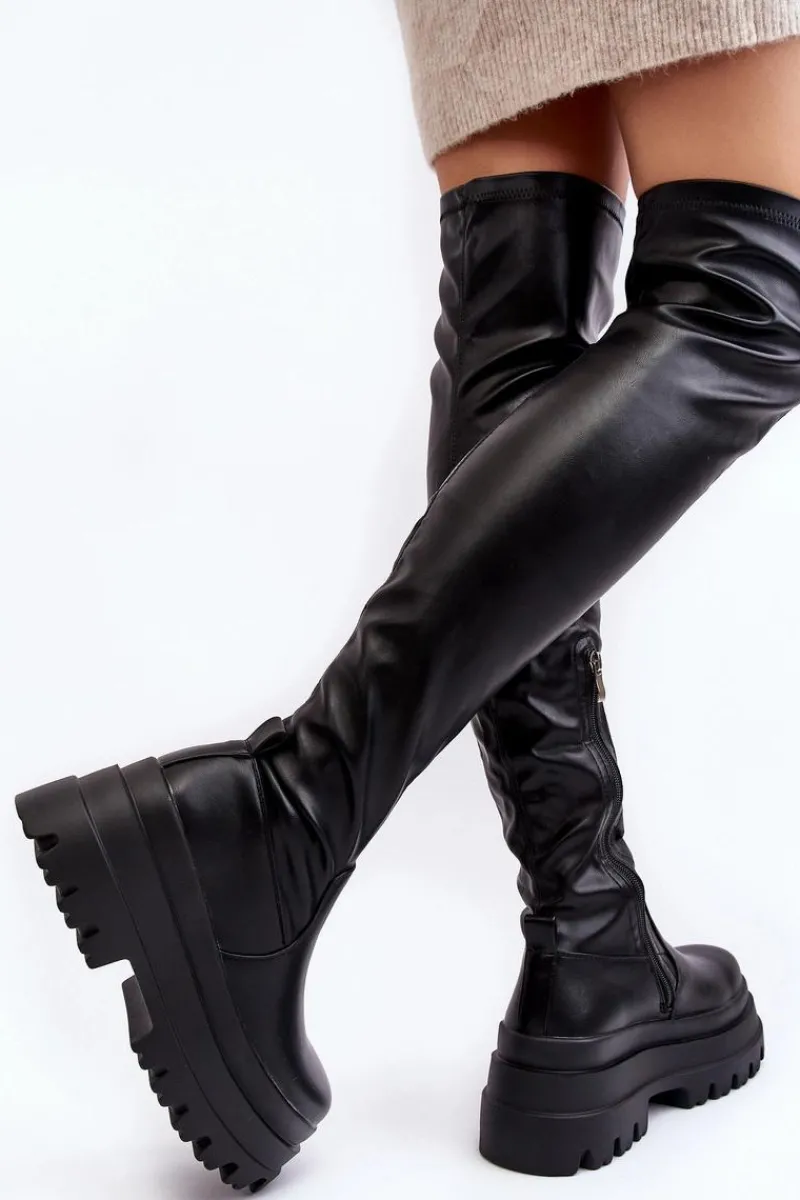 Sale Kozaki Damskie Za Kolano Na Masywnej Podeszwie Czarne Chinasa Damskie Muszkieterki|Kozaki Za Kolano