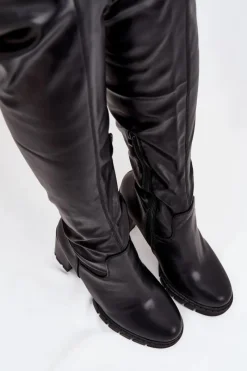 Muszkieterki|Kozaki Na Słupku></noscript>Boto Kozaki Damskie Za Kolano Na Słupku Eko Skórzane Czarne Tahlina Czarny