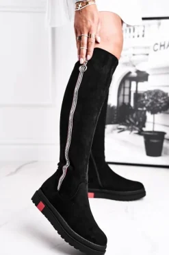 Clearance Kozaki Damskie Zamszowe Czarne Melbro Damskie Kozaki Płaskie|Kozaki Zamszowe