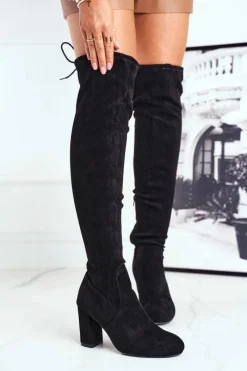 New Boto Kozaki Damskie Zamszowe Na Słupku Czarne Highso