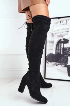 New Boto Kozaki Damskie Zamszowe Na Słupku Czarne Highso