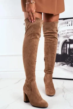 Hot Kozaki Damskie Zamszowe Na Słupku Beżowe Highso Damskie Kozaki Wiosenne|Kozaki Na Obcasie