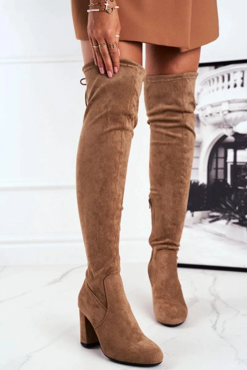 Hot Kozaki Damskie Zamszowe Na Słupku Beżowe Highso Damskie Kozaki Wiosenne|Kozaki Na Obcasie