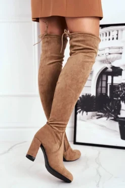 Hot Kozaki Damskie Zamszowe Na Słupku Beżowe Highso Damskie Kozaki Wiosenne|Kozaki Na Obcasie