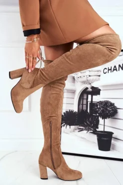 Hot Kozaki Damskie Zamszowe Na Słupku Beżowe Highso Damskie Kozaki Wiosenne|Kozaki Na Obcasie