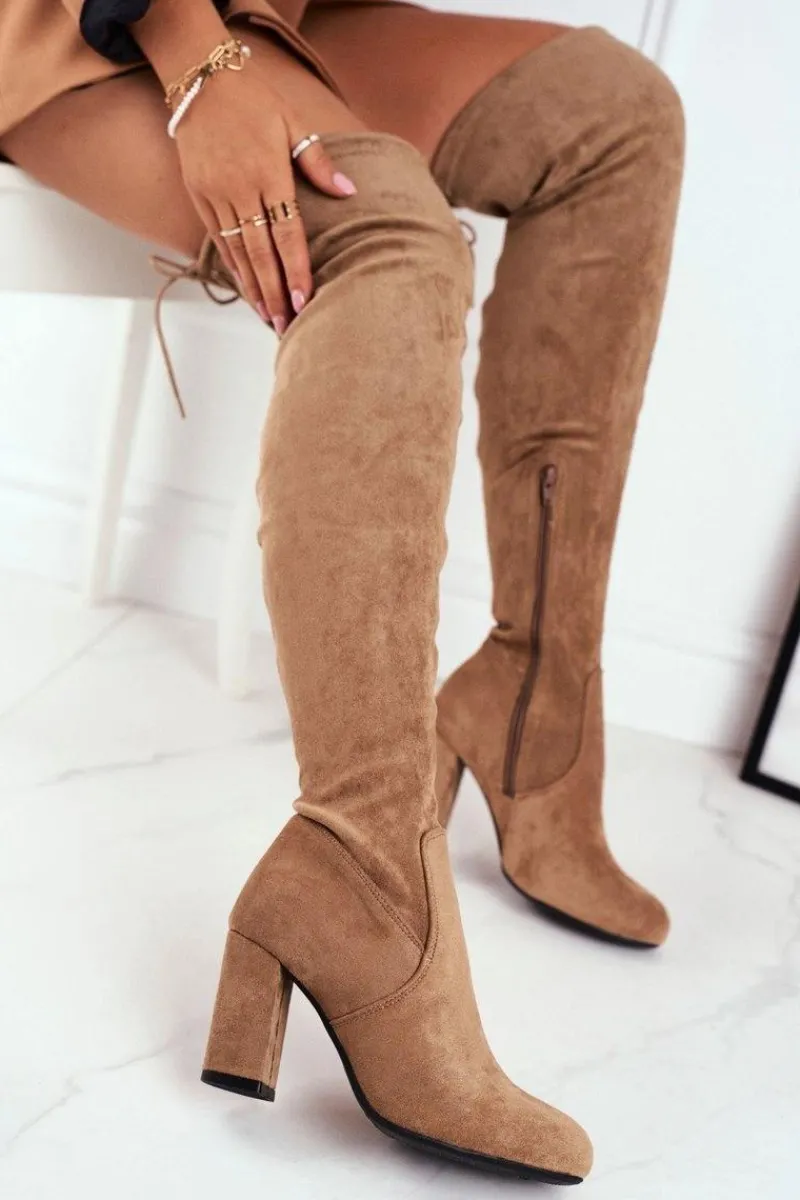 Hot Kozaki Damskie Zamszowe Na Słupku Beżowe Highso Damskie Kozaki Wiosenne|Kozaki Na Obcasie