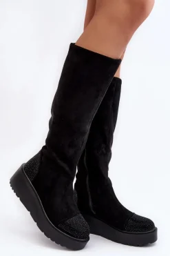 Kozaki Ocieplane|Kozaki Płaskie>Damskie buty S.Barski Kozaki Damskie Zamszowe Na Platformie S.Barski HY53-8 Czarne