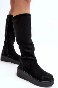 Kozaki Ocieplane|Kozaki Płaskie></noscript>Damskie buty S.Barski Kozaki Damskie Zamszowe Na Platformie S.Barski HY53-8 Czarne