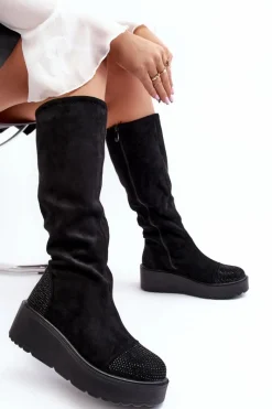 Kozaki Ocieplane|Kozaki Płaskie></noscript>Damskie buty S.Barski Kozaki Damskie Zamszowe Na Platformie S.Barski HY53-8 Czarne